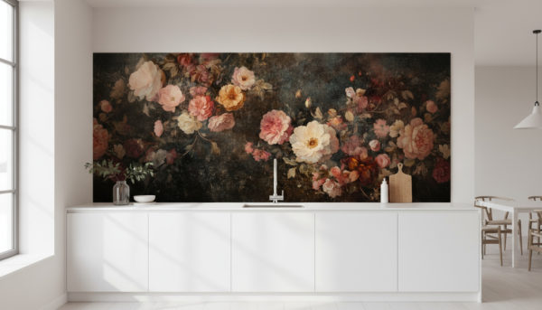 Modern bright kitchen. The reference image is applied as wallpaper on the wall surface above the countertop or behind the dining area. The wallpaper must remain fully visible and unobstructed, with no cabinets, shelves, or items mounted on the wall. Only the wallpaper should be seen on the wall, realistic and seamless. Minimal kitchen furniture with bright cabinets and a countertop in front, leaving the wallpaper clearly visible. Strong natural daylight, clean edges, realistic shadows. Wallpaper looks like real photo wallpaper with a matte finish.