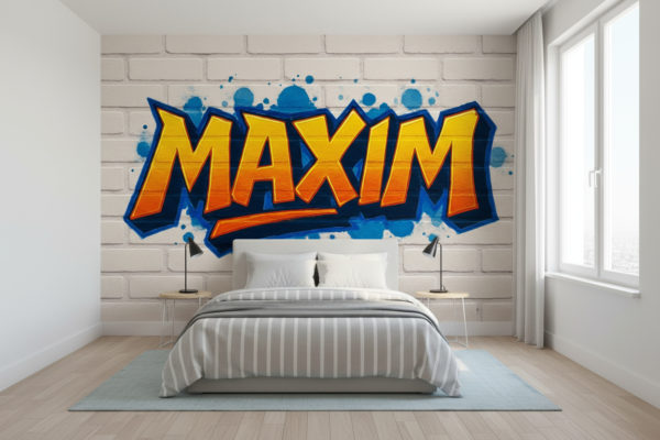 Modern bright boy’s bedroom. The reference image is applied as wallpaper on the wall behind the bed. The wallpaper must remain fully unobstructed, with no posters, shelves, or decorations on it. Only the wallpaper should cover the wall, realistic and seamless. A single bed with light bedding is placed in front of the wall without blocking it. Wooden floor, minimal decor, natural daylight from a window. Wallpaper looks like real photo wallpaper with a matte texture.