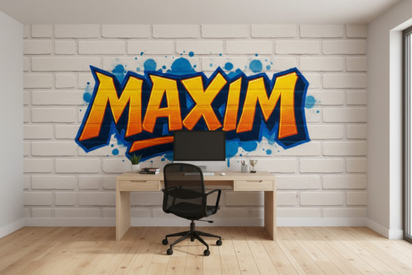 Modern boy’s room with study area. The reference image is applied as wallpaper on the wall behind the desk. The wallpaper must stay completely unobstructed, with no extra elements attached. Only the wallpaper covers the wall, realistic and seamless. A modern desk with a computer and chair is placed in front, leaving the wallpaper visible. Bright floor, minimal decoration, natural daylight. Wallpaper looks like real photo wallpaper with a matte finish.