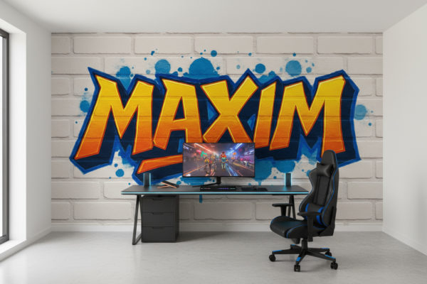 Modern bright boy’s gaming room. The reference image is applied as wallpaper on the wall behind the gaming setup. The wallpaper must be fully visible and unobstructed, no posters, no shelves, no extra objects. Only the wallpaper is on the wall, realistic and seamless. A gaming desk with monitor, chair, and LED lighting in front, leaving the wallpaper visible. Clean modern floor, dark accents, natural or soft artificial light. Wallpaper looks like real photo wallpaper with a matte texture.