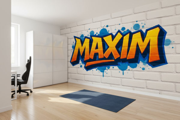 Modern boy’s bedroom with wardrobe. The reference image is applied as wallpaper on the wall opposite the wardrobe. The wallpaper must be completely unobstructed, with no posters, hooks, or objects attached. Only the wallpaper covers the wall, realistic and seamless. Minimal furniture placed nearby but not covering the wallpaper. Bright clean floor, natural daylight. Wallpaper looks like real photo wallpaper with a matte texture.