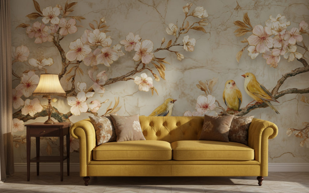 Vintage living room realistic shadow, reference image as wallpaper on the wall, side view on the wall. Vintage yellow sofa