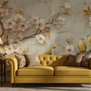 Vintage living room realistic shadow, reference image as wallpaper on the wall, side view on the wall. Vintage yellow sofa